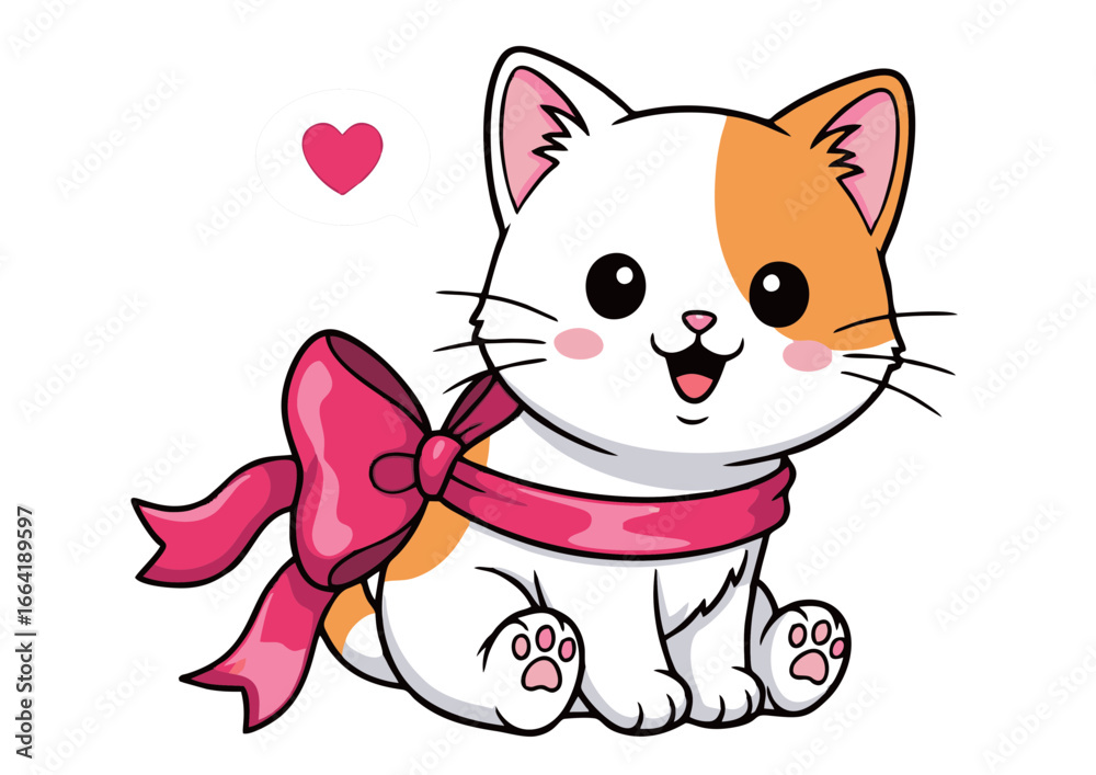 Fototapeta premium Adorable Kitten with Pink Ribbon A Heartwarming Illustration for Greeting Cards, Wall Art, and Children's Books