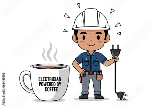 Cute cartoon electrician with a hard hat, tools, and a coffee mug that reads "Electrician Powered by Coffee". Ideal for electrical companies and coffee shops