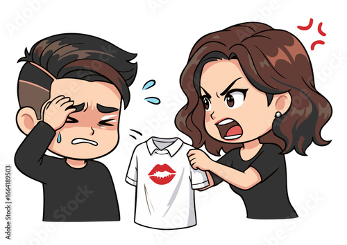 Illustration of a furious woman confronting her distressed partner over infidelity, holding a shirt with a lipstick kiss mark as evidence of an affair and betrayal