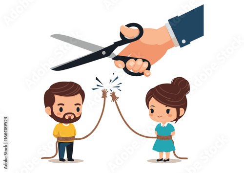 Visual metaphor for the painful experience of a broken bond, illustrating a couple dealing with a severed connection, symbolizing the end of a relationship, divorce, or emotional separation
