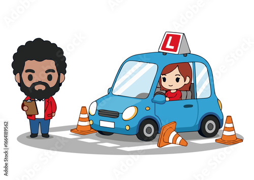 Driving Lesson Illustration Instructor and Student with Car on Practice Course for New Driver Education