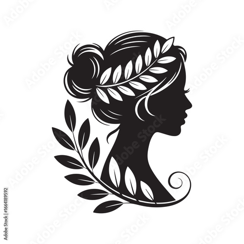 Elegant silhouette of a woman's profile adorned with laurel leaves and swirling hair detail silhouette