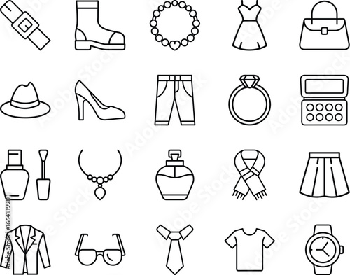 Fashion clothing and accessories line icon set - Minimal outline vector icons of clothing, shoes, jewelry, bags, and accessories, perfect for fashion, shopping, style, and retail design projects.

