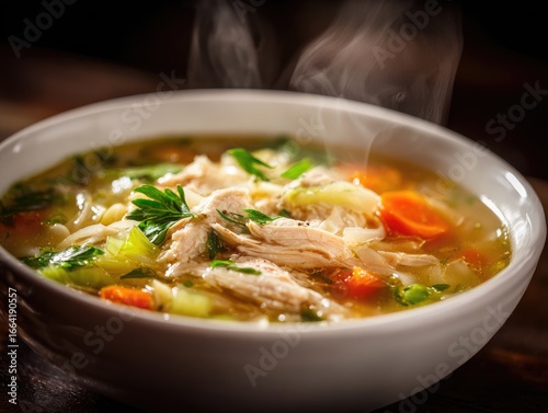 A bowl of steaming hot chicken noodle soup