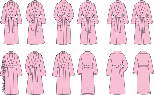 Women’s Long Bathrobe Fashion Flat Sketch, Cozy Homewear Design, Robe Technical Drawing, Loungewear Template, Sleepwear Mockup, Stylish Garment Illustration, Essential Wardrobe Piece
