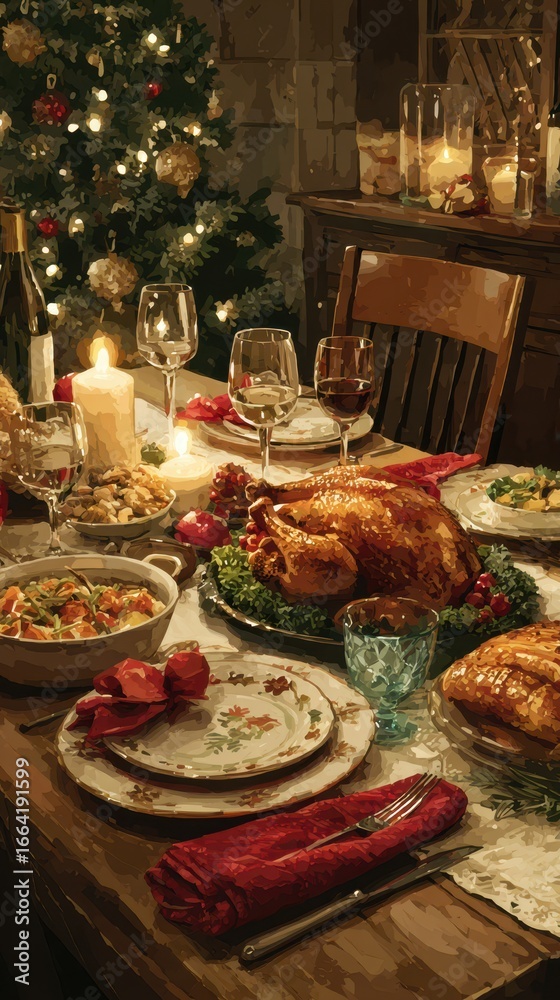 Fototapeta premium Festive dinner table set with roasted turkey and delicious side dishes during a cozy holiday gathering
