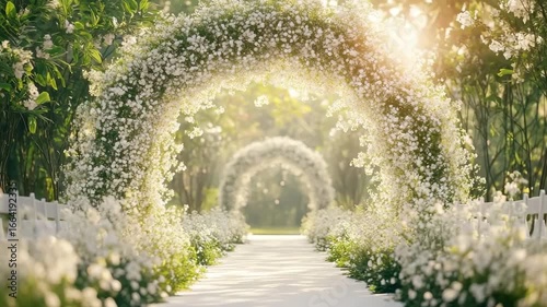 White flower archway with lush greenery lines bright outdoor pathway garden decoration wedding ceremony creating serene romantic atmosphere surrounded by delicate blossoms and sunlight shining through