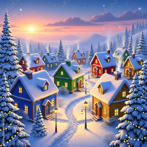 Snowy village at dawn
