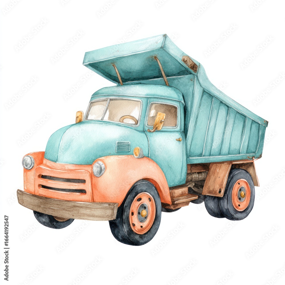 Fototapeta premium Watercolor illustration of a vintage dump truck. 