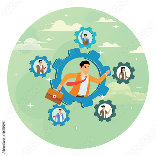 Roles and responsibilities concept. Business man on gear cogwheels work with employees.