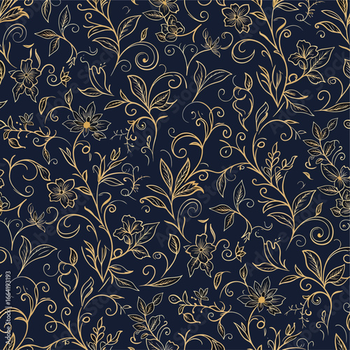 Seamless Pattern, Elegant floral pattern with golden vines and flowers on a dark navy background Stock royalty free  image.