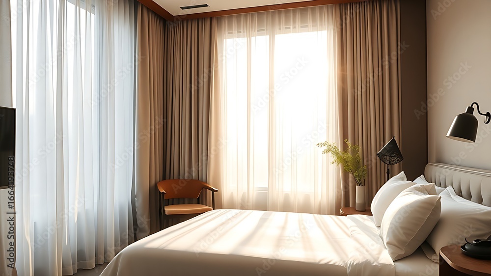 Fototapeta premium Serene hotel bedroom bathed in morning light, featuring minimalist decor and a neatly made bed.