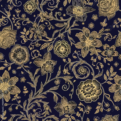 Seamless Pattern, Elegant floral pattern with vintage botanical elements in gold and navy background Stock royalty free  image.