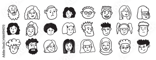 Faces people different avatars doodle hand drawn icon set. Outline drawing head people line clipart symbol collection
