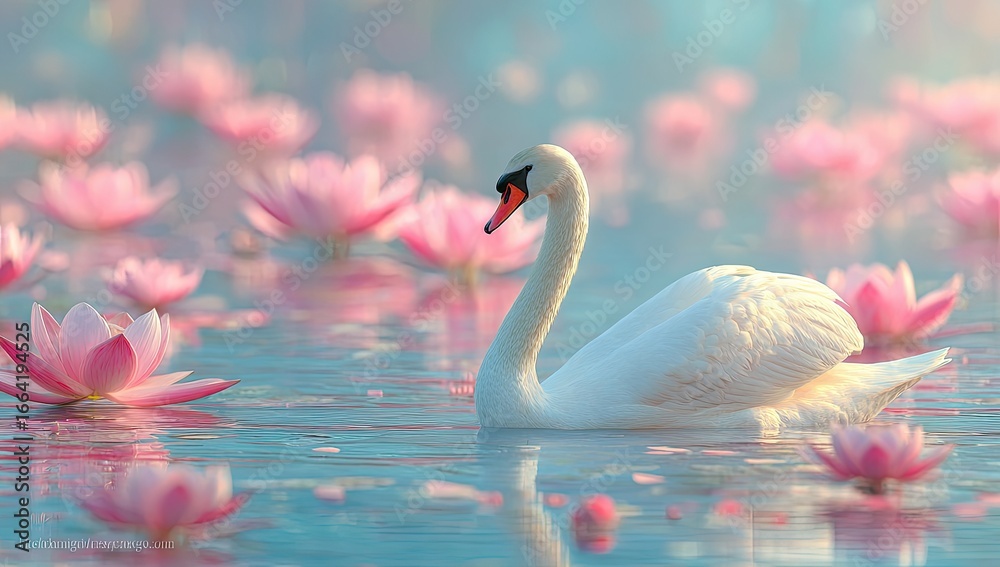 Naklejka premium A serene swan amidst a field of pink water lilies