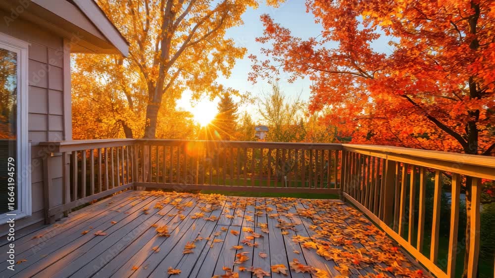 Autumn leaves scattered on wooden deck with warm sunlight shining through colorful fall trees creating peaceful cozy outdoor nature scene bathed in orange leaf glow during sunset