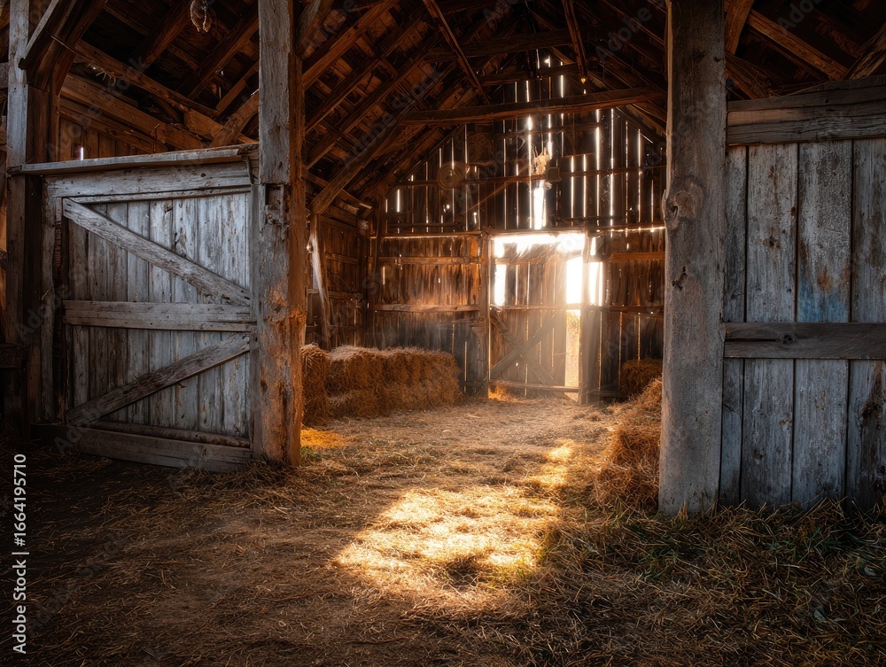 Sunbeams illuminating a rustic barn interior Sunbeams illuminating a rustic barn interior