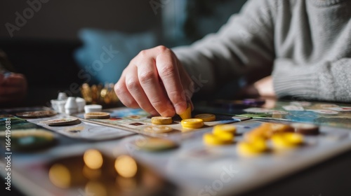 Quality Time: Father and Son Bonding While Playing Board Games at Home in Harsh Daylight - Point of View Shot with Selective Focus and Flat Lay Perspective