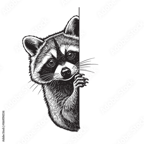 Cute raccoon peeking from a side, ideal for playful and mischievous animal themes.