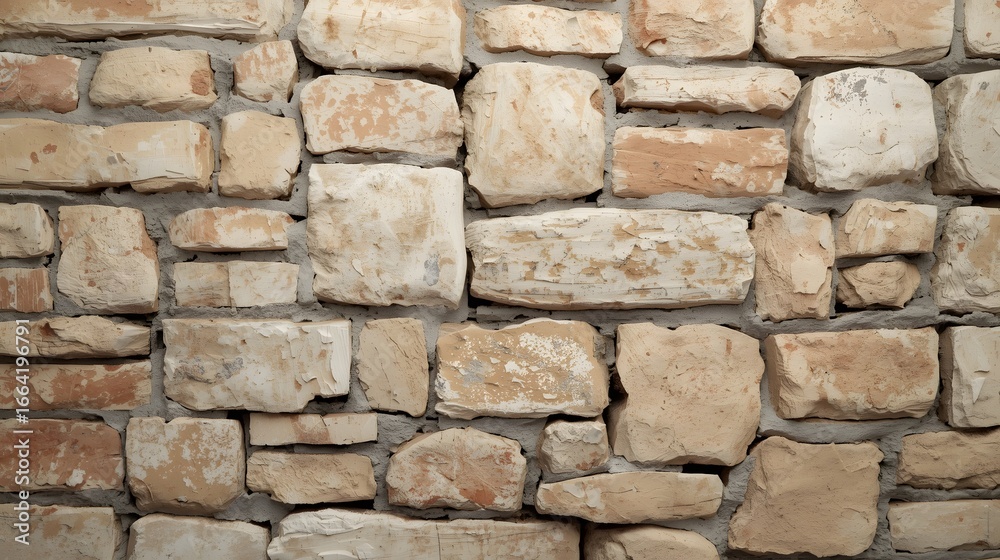 Fototapeta premium Stone wall texture made of natural beige and brown rectangular blocks arranged in rustic pattern, architectural background for design, construction, and decoration wallpaper backdrop