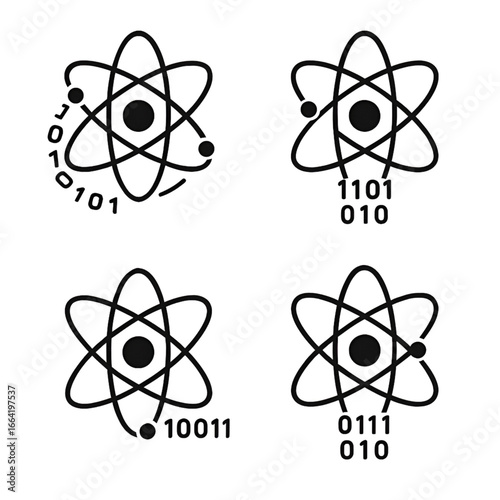 Science and technology icons with atom symbol and binary code digital concept, quantum computing 