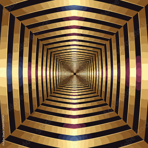 Seamless Pattern, Abstract perspective with golden geometric shapes creating an infinite tunnel illusion Stock royalty free image.