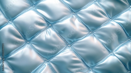 Soft quilted sections on a down jacket, emphasized by stitching. The glossy material contrasts with the textured stitches, radiating a warm, practical look.