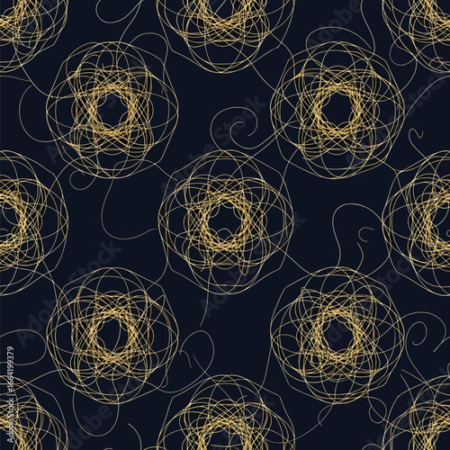 Seamless Pattern, Abstract seamless pattern with golden line art circles on a dark blue background Stock royalty free image.