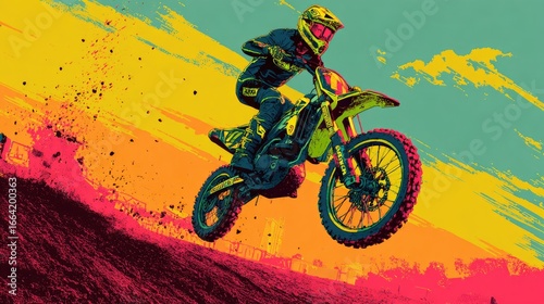 Colorful motocross rider in mid-air