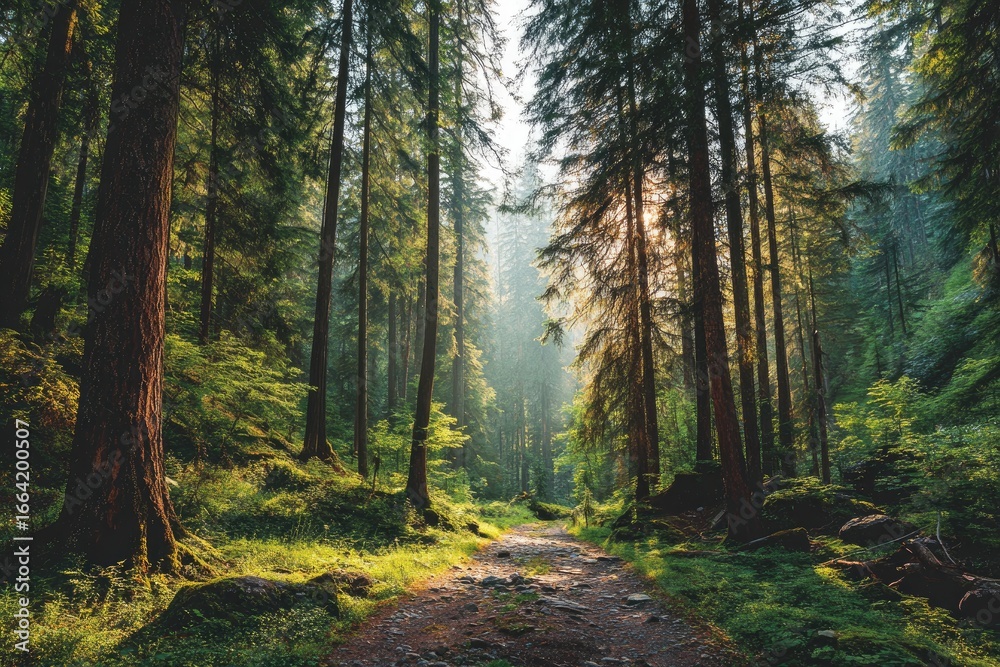 Fototapeta premium Sunlight filters through a dense forest. A path winds through the trees
