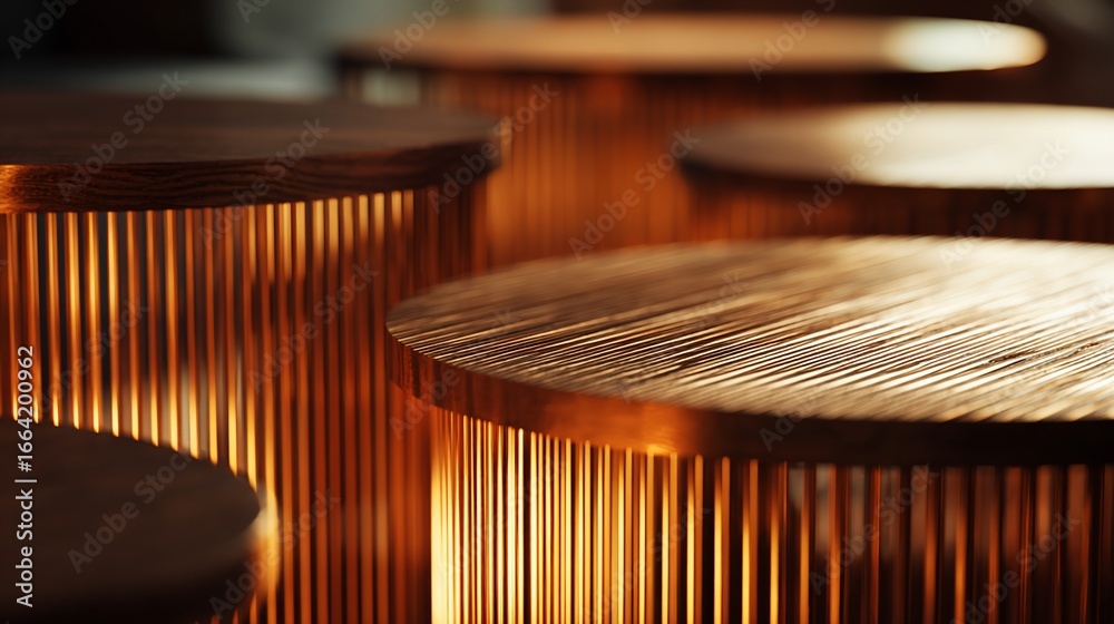 Obraz premium Modern, low, round wood-topped tables with linear copper bases in soft, warm light