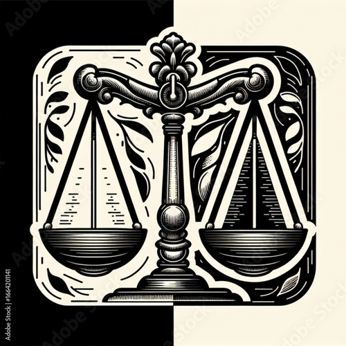 Symbol of Justice: A meticulously crafted emblem of justice, featuring a balanced scale, symbolizes fairness, law, and equilibrium in a powerful monochrome illustration.
