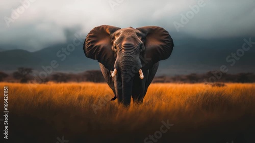 Elephant wildlife savannah tusk grassland nature animal mammal wild large majestic standing tall golden grass dramatic cloudy sky distant mountains powerful serene atmosphere safari wilderness brown