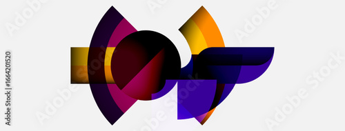 Abstract colorful shapes overlap, creating dynamic composition. Vivid hues blend, forming modern artistic design. Minimalist background enhances visual impact.