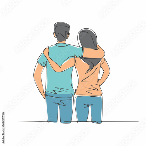 A continuous line drawing of a couple embracing from behind with arms around each other, symbolizing unity and affection.