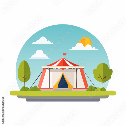 A colorful flat vector illustration of a circus tent set against a bright blue sky with fluffy clouds and a shining sun.