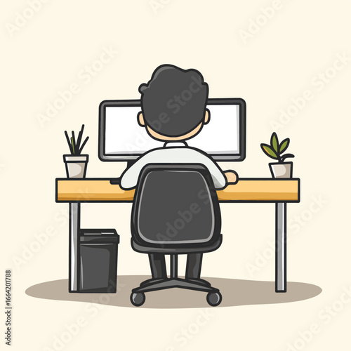 Vector cartoon stick figure drawing conceptual illustration of frustrated man or businessman sitting in rowing boat and watching the water squirting inside with resignation