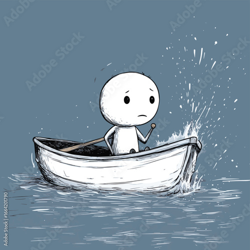 Vector cartoon stick figure drawing conceptual illustration of frustrated man or businessman sitting in rowing boat and watching the water squirting inside with resignation