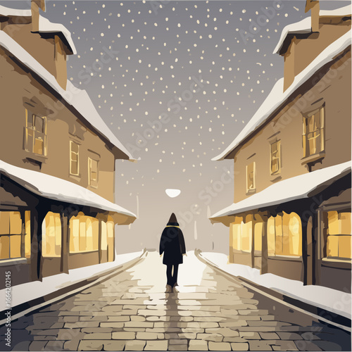 A lone figure walks down a cobblestone street lined with warmly lit buildings during a gentle snowfall creating a serene winter evening atmosphere