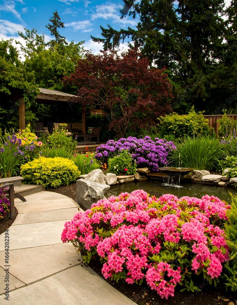 Fototapeta premium Lush garden with a pond