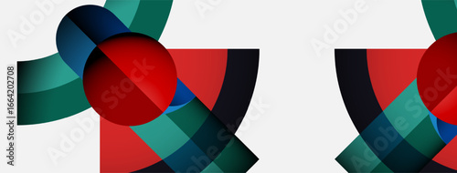 Abstract composition featuring overlapping shapes. Red, teal, black hues create dynamic visual interest. Modern design, clean lines present.