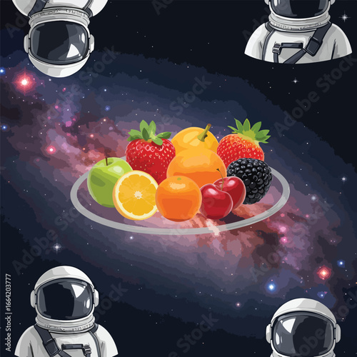 Seamless Pattern, Astronauts gaze at a cosmic fruit platter amidst a vibrant nebula backdrop illustration Stock royalty free image.