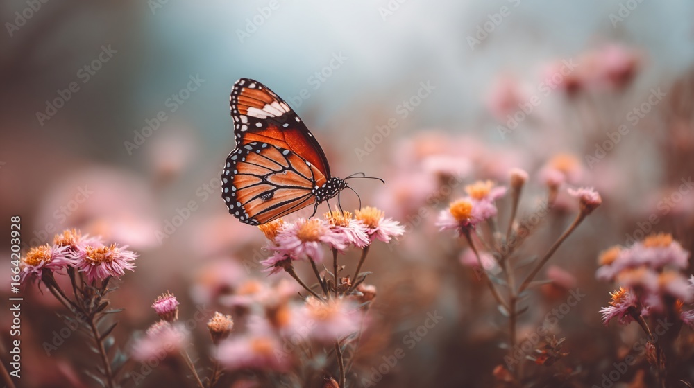 Obraz premium Monarch rests on pink flowers; soft focus, gentle colors, bokeh background
