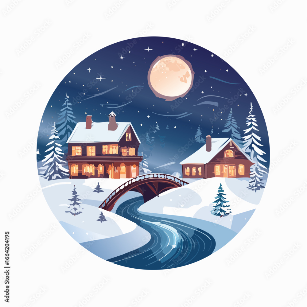 Fototapeta premium Enchanting winter night scene with glowing houses, a snow-covered bridge over a winding river, and a full moon illuminating a starry sky.