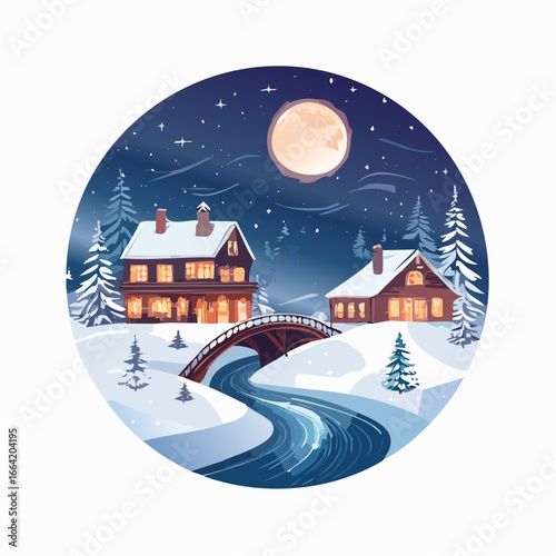 Enchanting winter night scene with glowing houses, a snow-covered bridge over a winding river, and a full moon illuminating a starry sky.