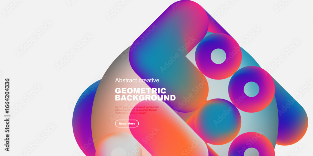 Fototapeta premium Vibrant geometric shapes overlap, creating colorful abstract background. Text present, button visible. Modern design elements dominate composition.