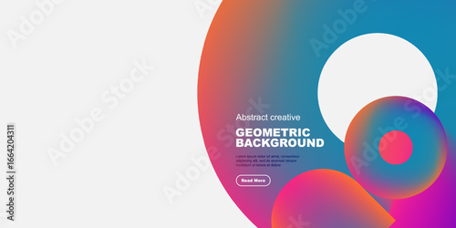 Abstract geometric design features vibrant overlapping circles. White space contrasts bold color gradients. Text promotes further exploration.