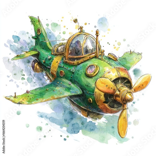 A whimsical, water-colored steampunk aircraft, blending airplane and submarine design elements.  It's vibrant green, accented with brassy gold details and intricate machinery.  