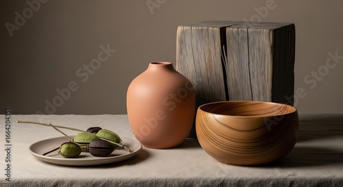 Still Life Photography - Clay Vase, Wooden Bowl, and Book.