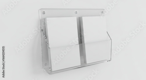 A clear acrylic literature holder mounted on a white wall filled with blank paper brochures